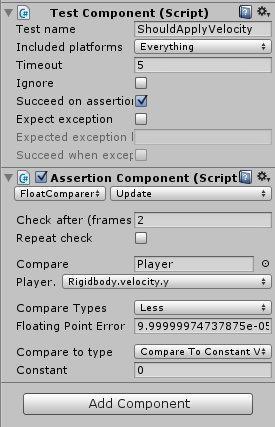 Inspector view of the 'ShouldAddVelocity' GameObject